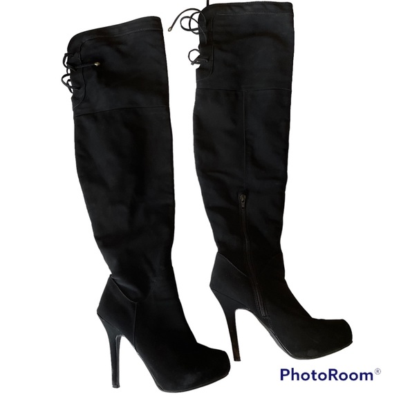 Madeline Shoes - Madeline Girl Suede Thigh High Heeled Boots Black Size 7M